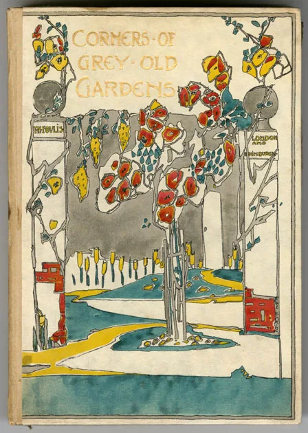 book cover design with a stylised illustration of a garden with yellow, green and red flowers