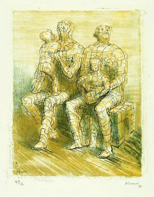 colourful abstract artwork of two large and two smaller seated figures