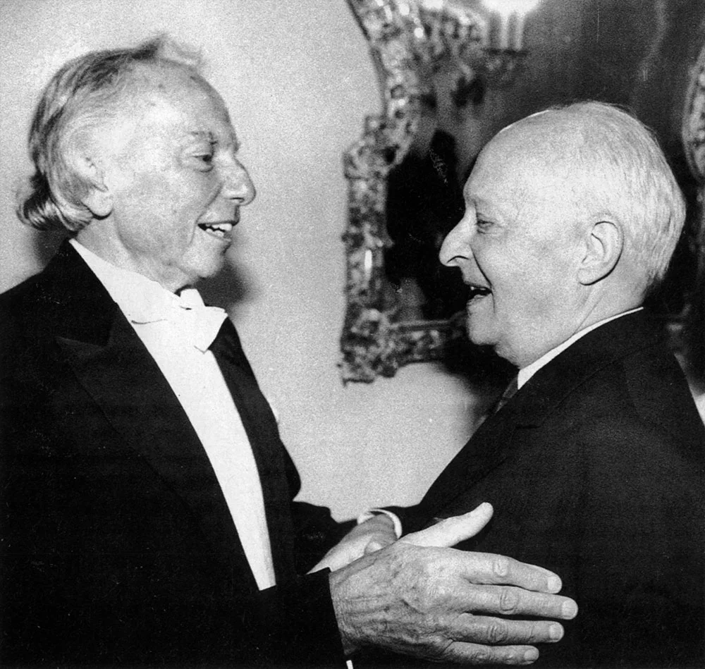 black and white photograph, Andrzej Panufnik amd Witold Lutosławski embracing