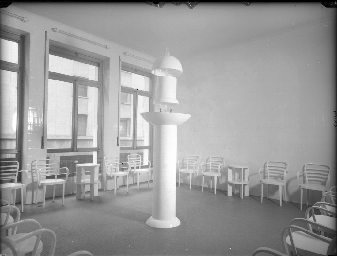 black and white photograph of interior of a thermal spa treatment room