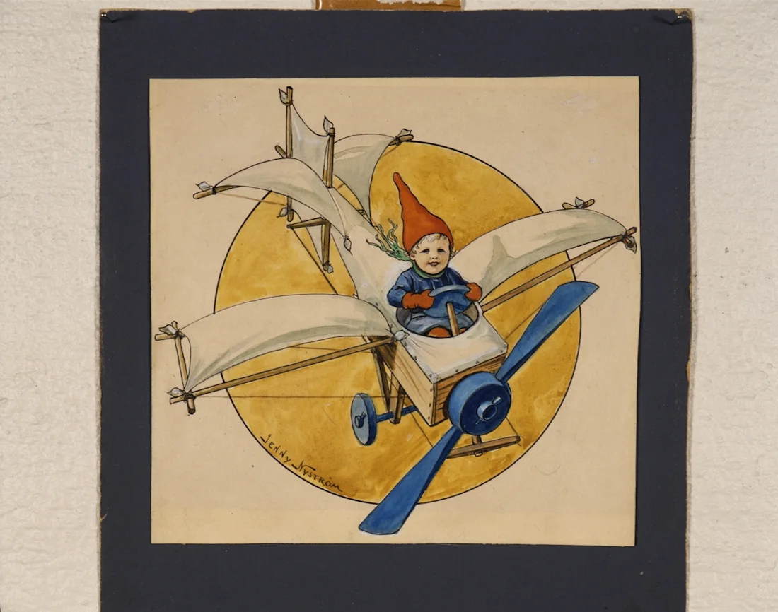 A child, or a young tomte, at the seat of a makeshift aeroplane with sheets for wings, and a blue propeller. 