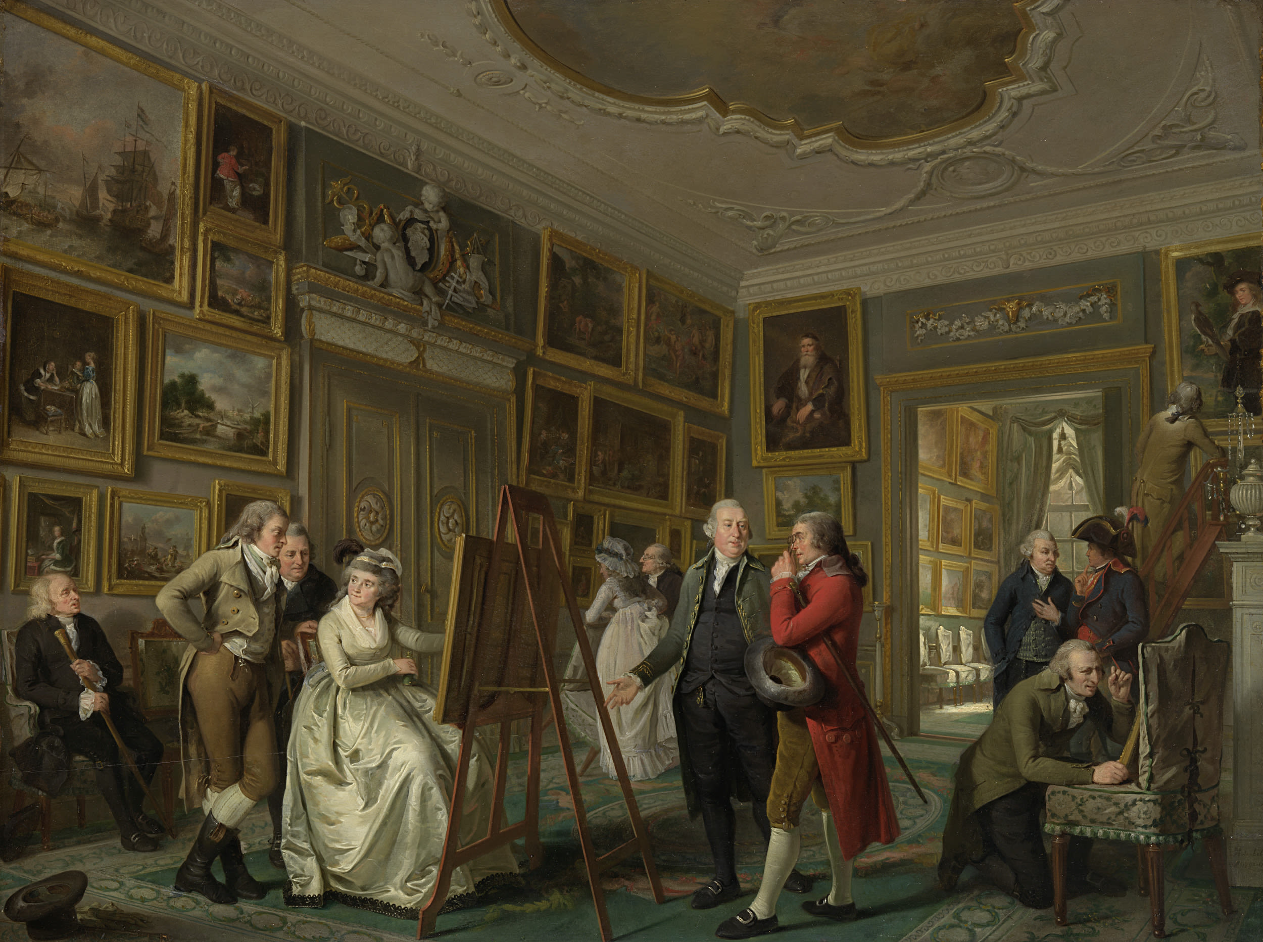 painting, people looking at easels in a room with paintings on the walls.