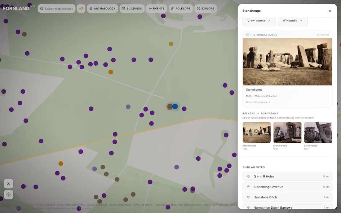 A digital map with colored dots and an info panel showing images and details about Stonehenge on the right.