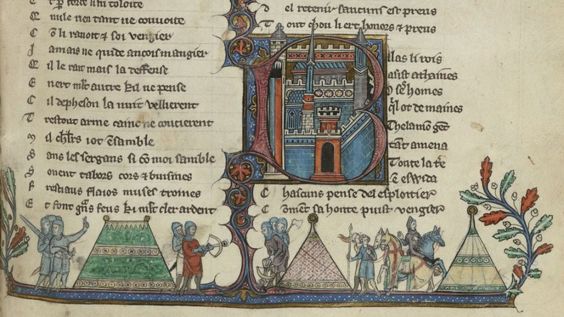 Illuminated initial and a miniature of a group of knights