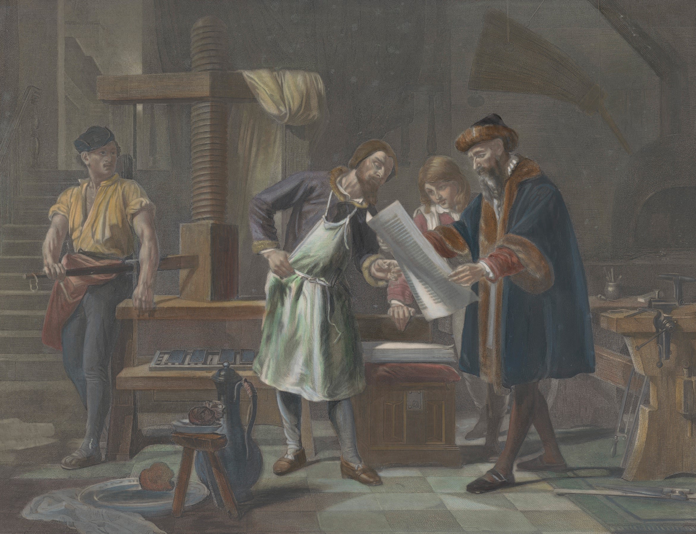 Johannes Gutenberg looks at a freshly printed sheet. The printer, a man in an apron, and a young man are watching him. On the right a workbench with tools, possibly used for making the type.