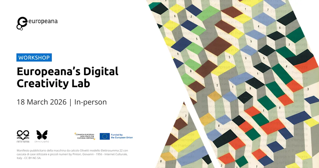 Workshop poster for Europeana’s Digital Creativity Lab on 18 March 2026, with colorful geometric pattern.