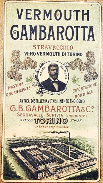 плакат или этикетка марки вермута с текстом и изображением завода или ликероводочного завода и портретом основателя