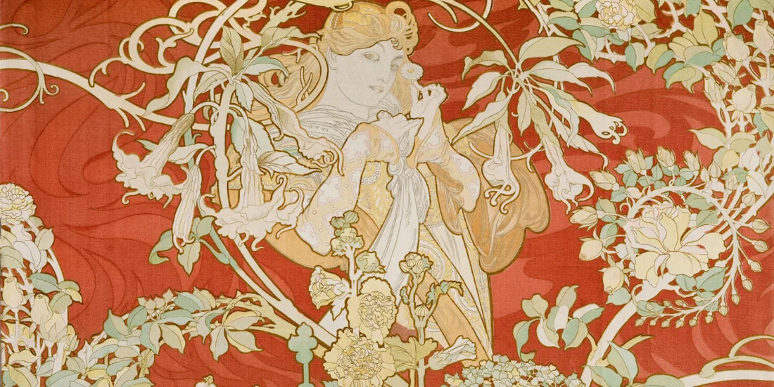 A textile showing a woman surrounded by flowers