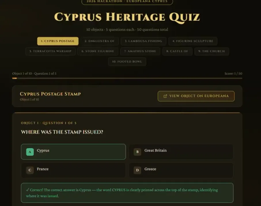 A Cyprus Heritage Quiz webpage with a question about the origin of a Cyprus postage stamp.