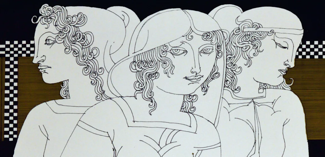 Multifigured composition of three Greek-styled women in front of a symmetric, black and golden chess-patterned background - serigraphy.