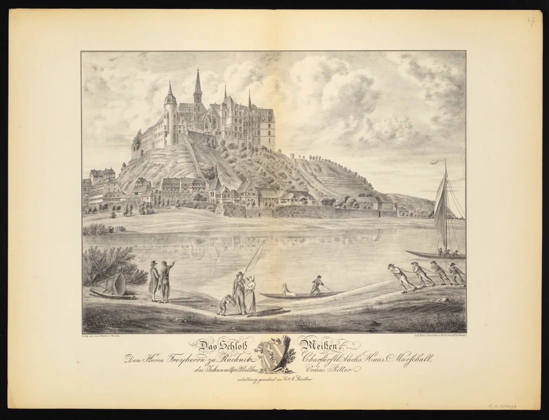 black and white illustration of a castle and buildings in background with a river with boats in front and people walking on the riverbank