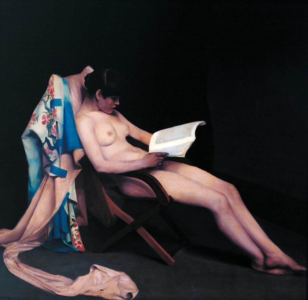 painting of a nude woman who is reading while sitting in a chair, with a kimono draped on the back
