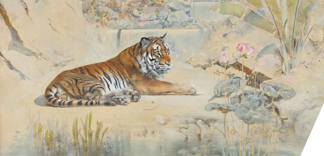 A tiger lying beside wild flowers and a small lake