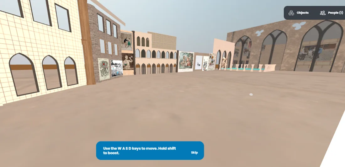 A space in Mozilla hubs showing walls and arched windows