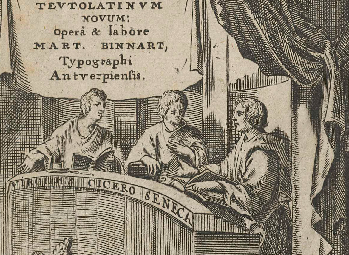 Engraving of writers Virgilius, Cicero and Seneca talking to each other