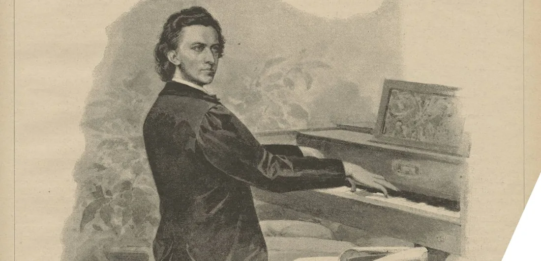 Illustration of a man playing the piano, looking back over his shoulder.
