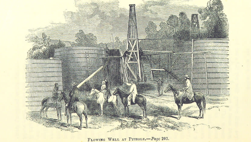 black and white illustration showing people on horseback in front of oil wells