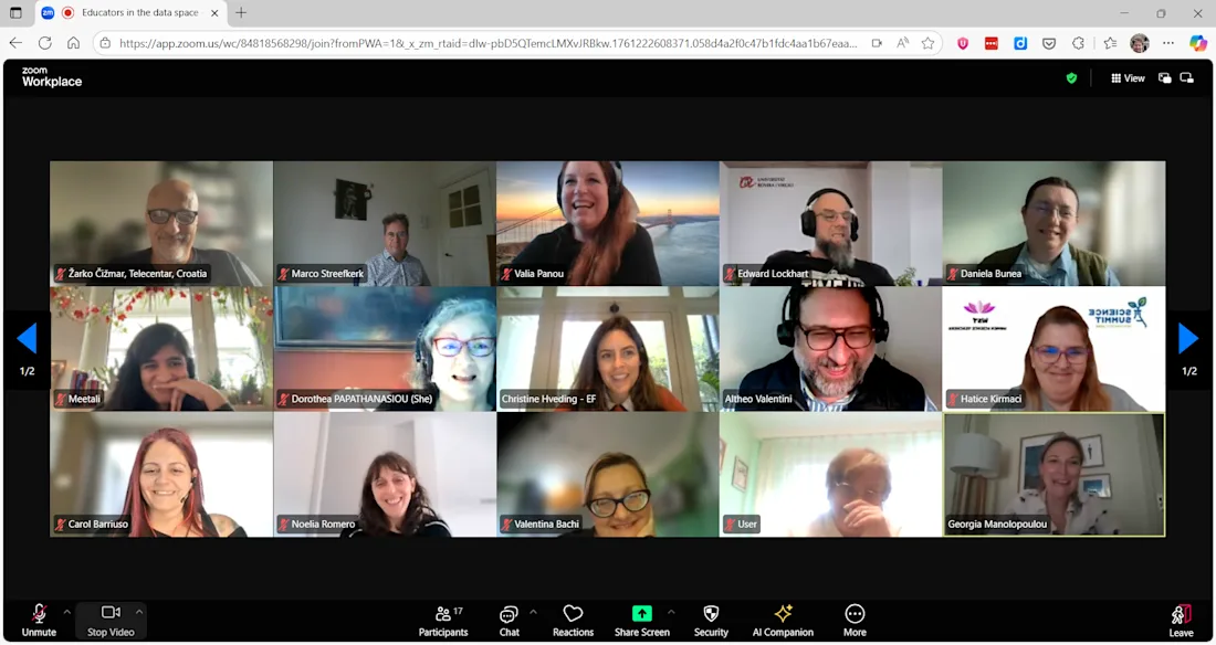 A virtual meeting with 16 people smiling on a Zoom video call screen, each in individual squares.