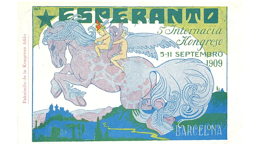 colour poster with headline word ESPERANTO showing figures sitting on a flying winged horse