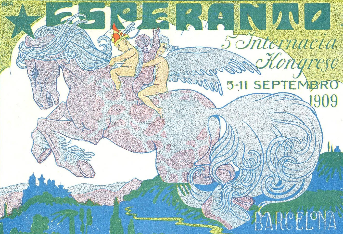 Manifesto a colori con la scritta ESPERANTO in alto, raffigurante figure umane in groppa a un cavallo alato in volo.