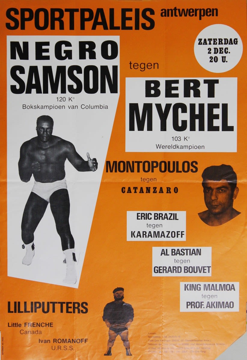  Affiche orange, blanche et noire avec le titre Sportpaleis Antwerp et des photos de « Negro Samson » et d'autres lutteurs.