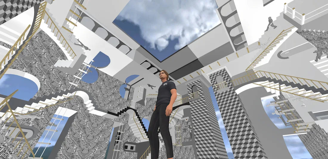 A person stands in a surreal room with endless staircases and sky visible through a ceiling window.