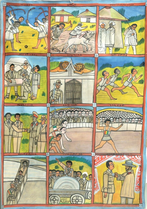 Peinture en couleur avec 12 panneaux montrant des scènes de la vie d'Abebe Bikila 
