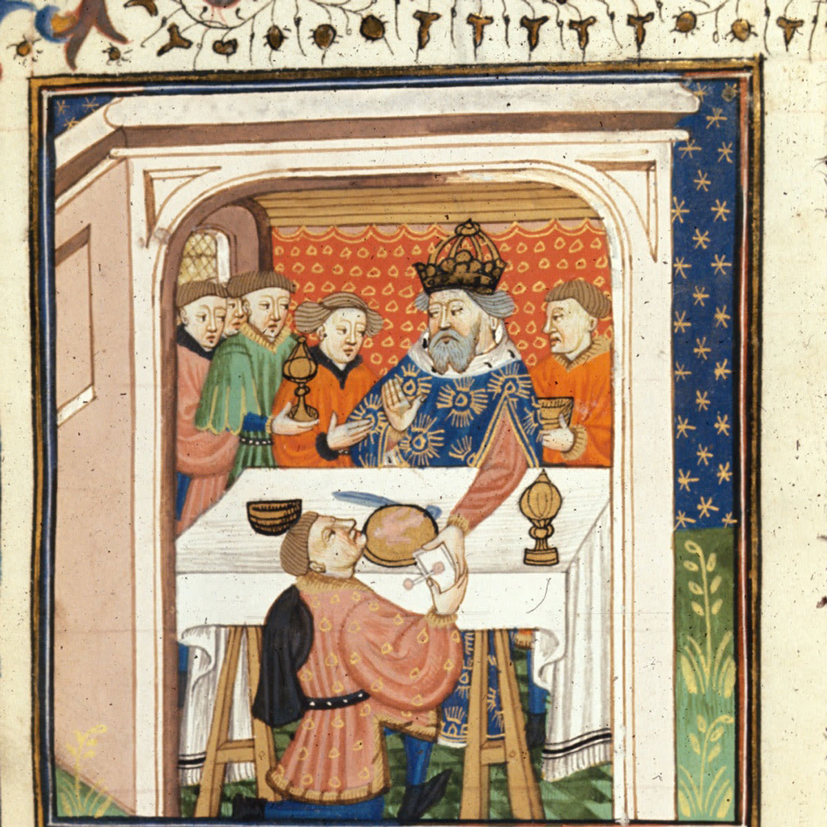 Detail of a miniature of Charlemagne at a table receiving a letter