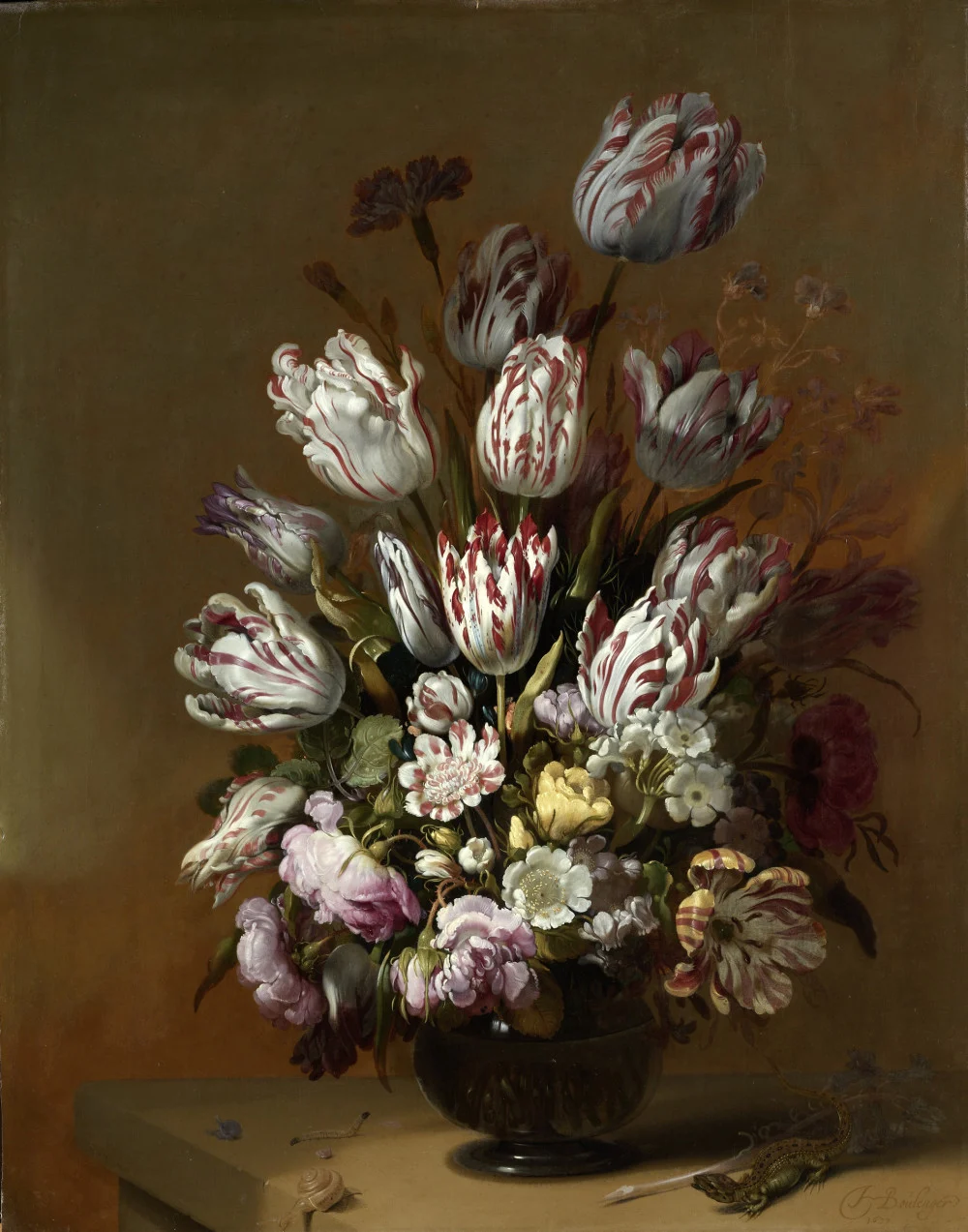 colour painting of a still life, flowers in a vase.