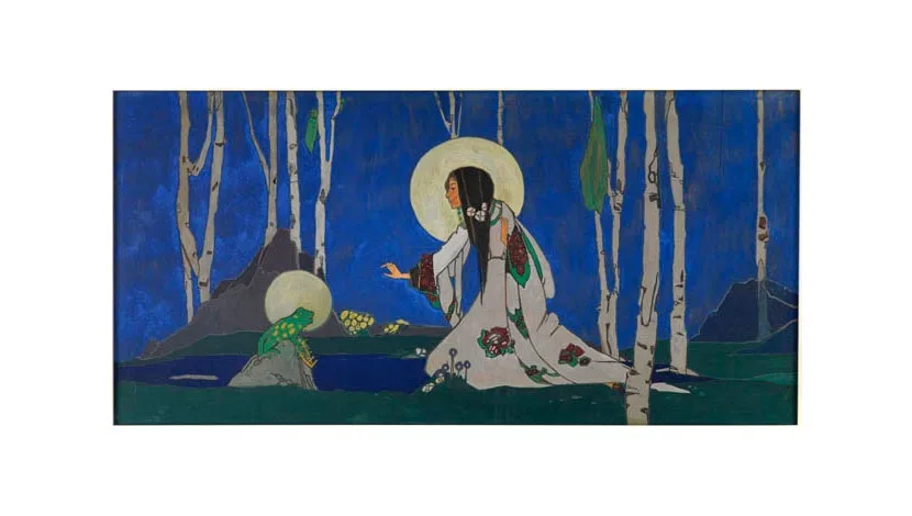 illustration of a woman kneeling in front of a frog