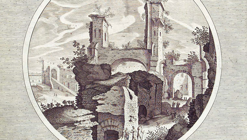 black and white illustration of people standing by a ruined building