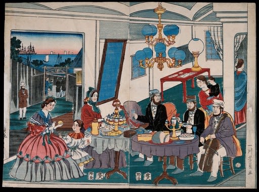 a coloured woodcut of an inside ballroom with tables and people sitting at them, Westerners at Yokohama, Japan, enjoying a lavish tea ceremony as a cellist plays to them