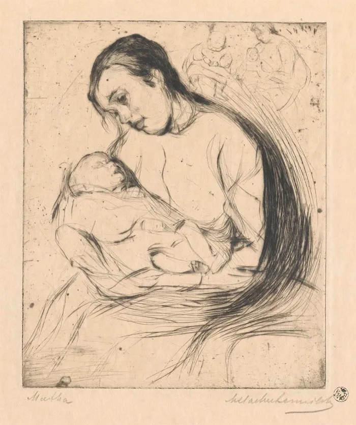 black and white drawing of a woman holding a child in her arms 