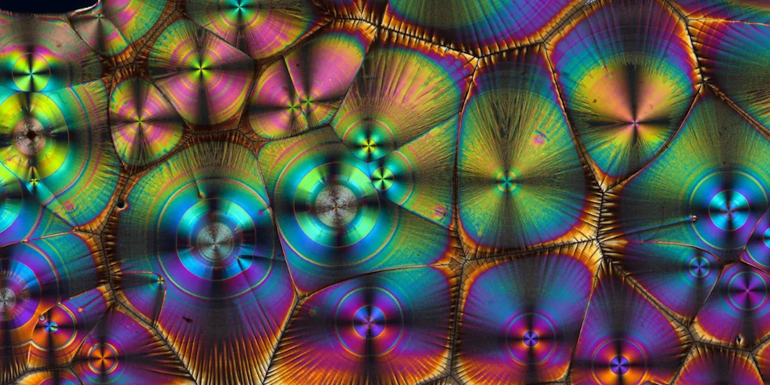 Vitamin C imaged with polarised light, refracted into colourful shapes.