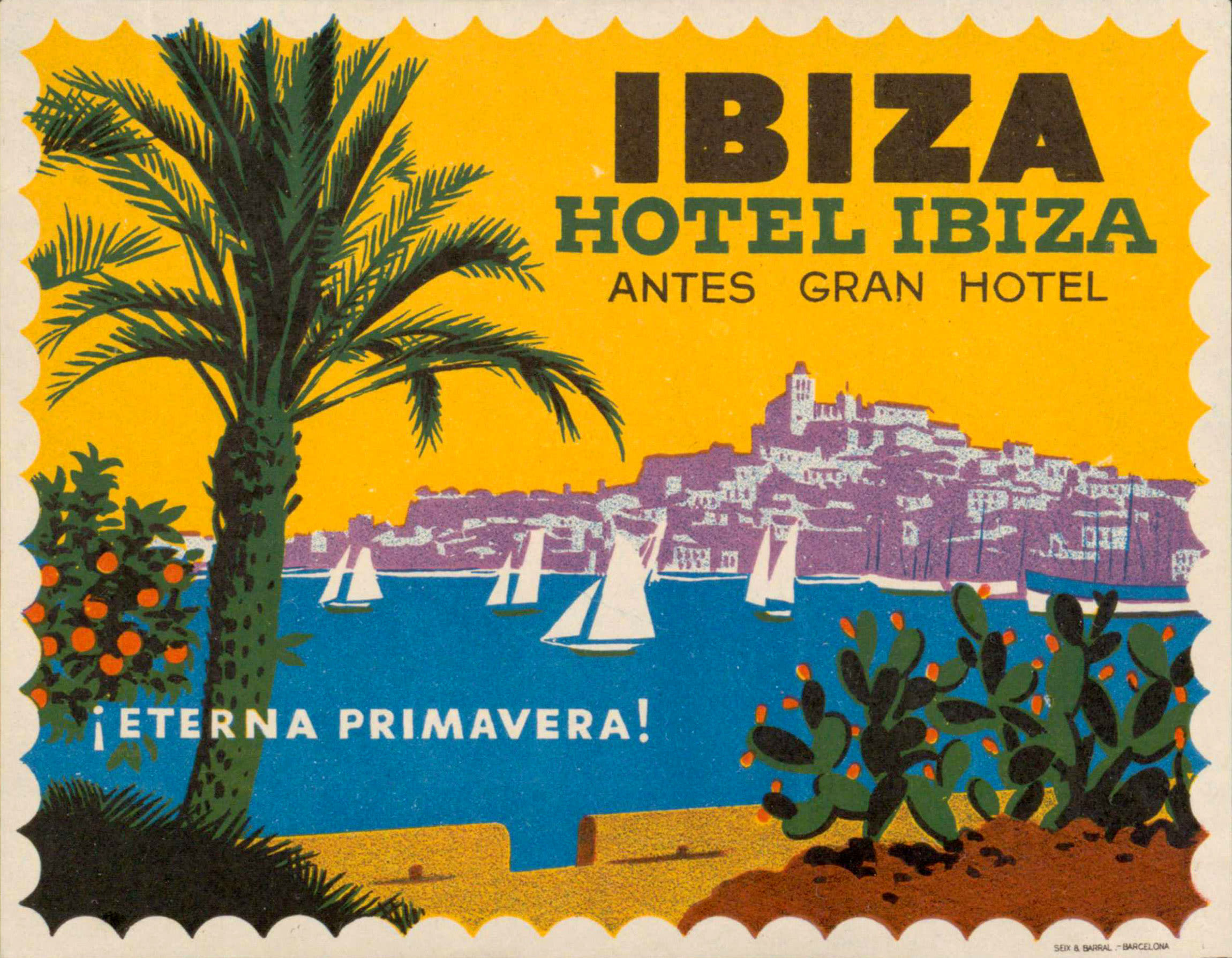 illustrated hotel label, boats on the sea in front of a port landscape and plants in the foreground.