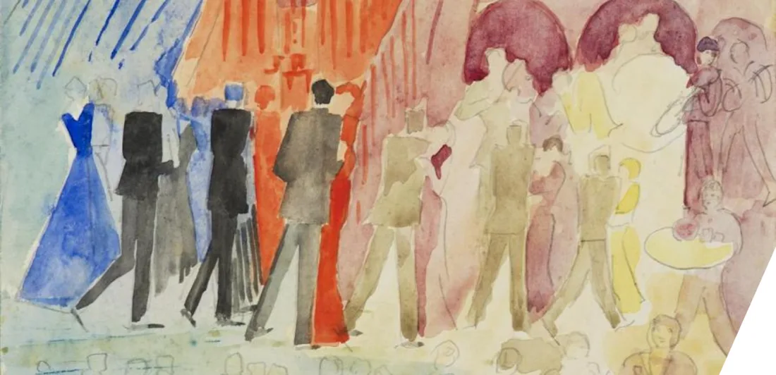 Colourful depiction of figures dancing