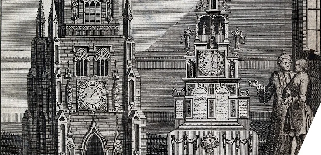 Engraving of two men looking at two large, elaborate clocks