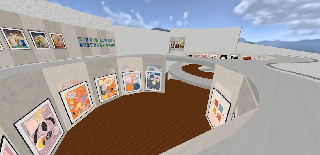 Virtual art gallery with colorful abstract paintings on curved walls, wooden floor, and a winding pathway.
