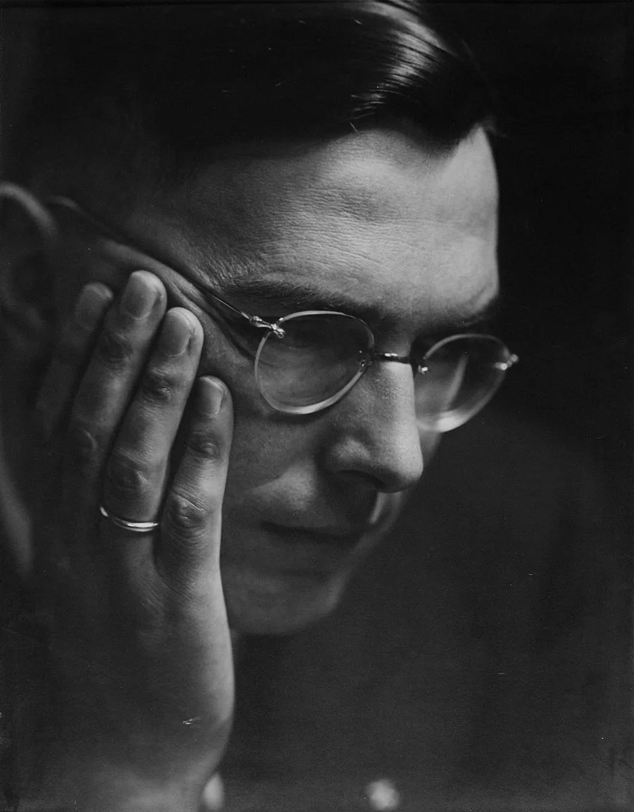 black and white close-up portrait photograph of Max Euwe playing chess
