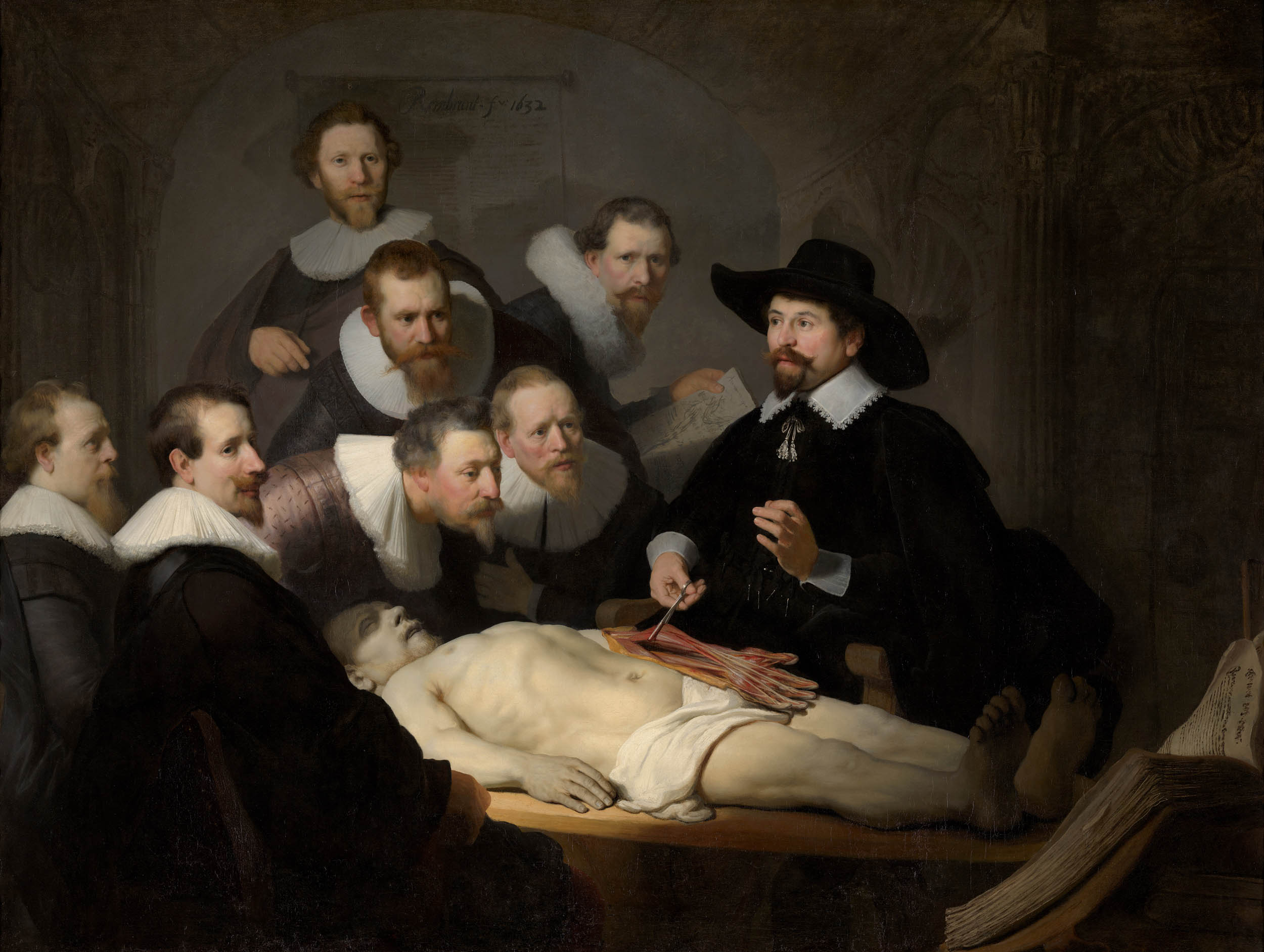 painting, a number of men examining the naked body of a lying man during a medical procedure.