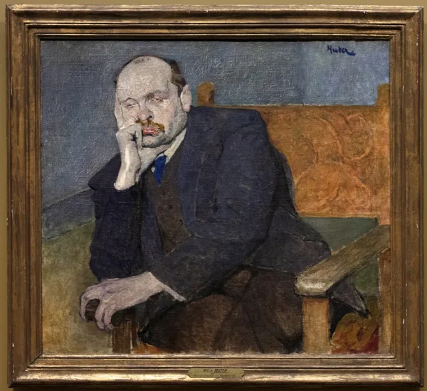 colour portrait painting of a man, sitting in a chair, resting his head on his right hand