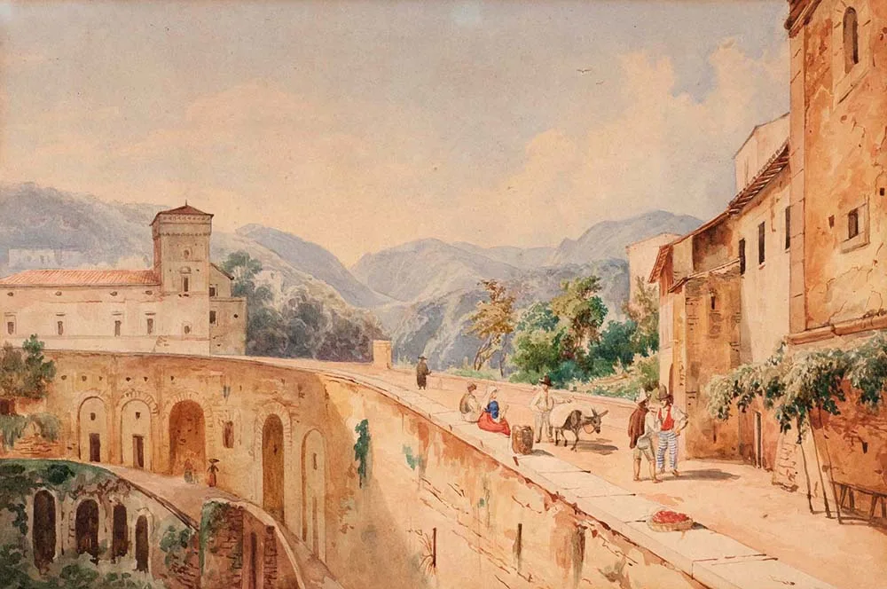 colour painting of a raised bridge and buildings on which there are people and donkeys
