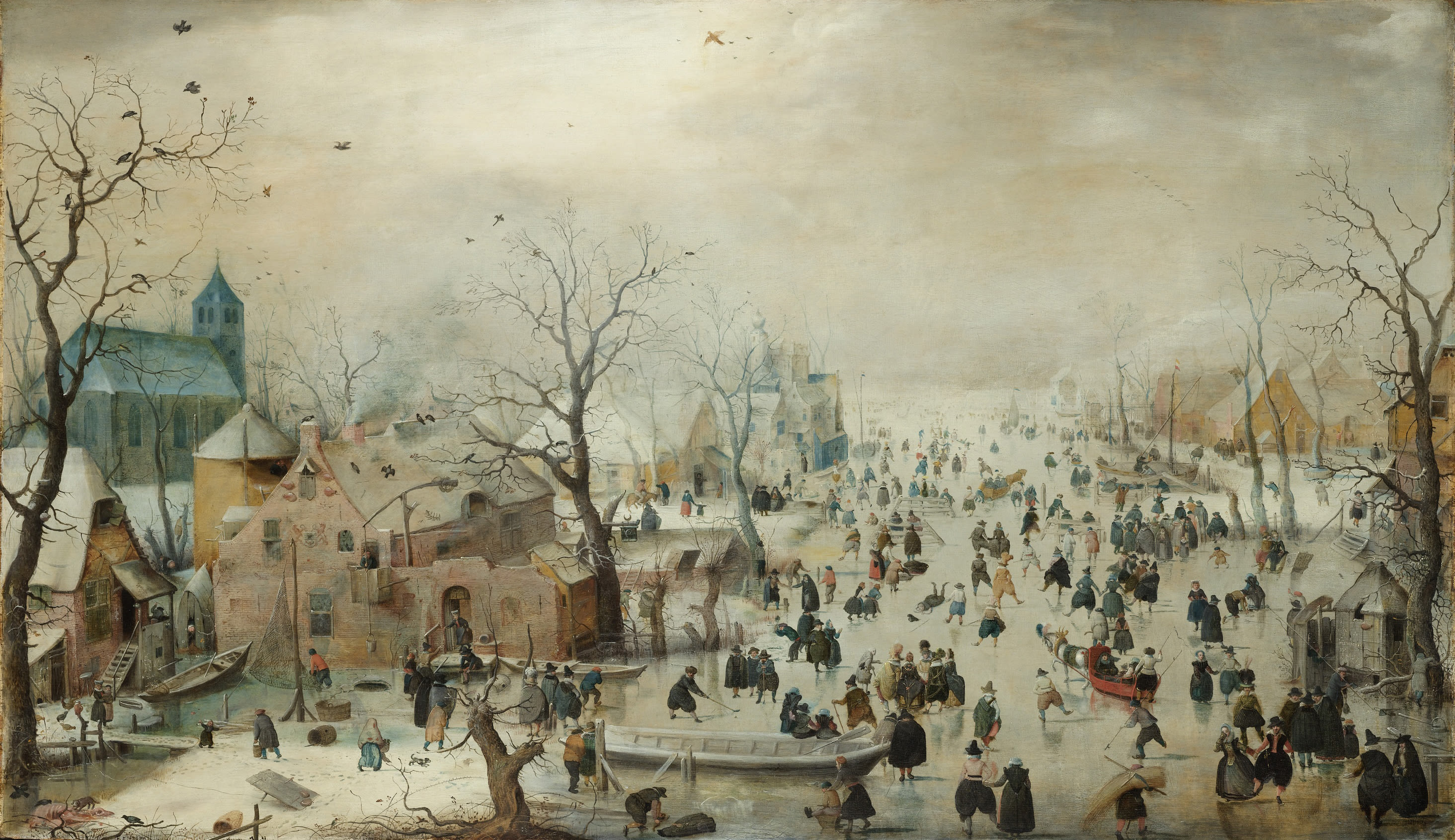 pittura, folle di persone che pattinano sul ghiaccio tra alberi e case.