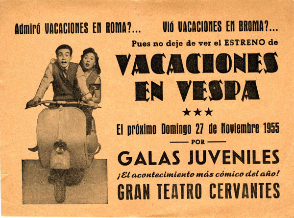 poster with image of two people riding a vespa with words describing an event