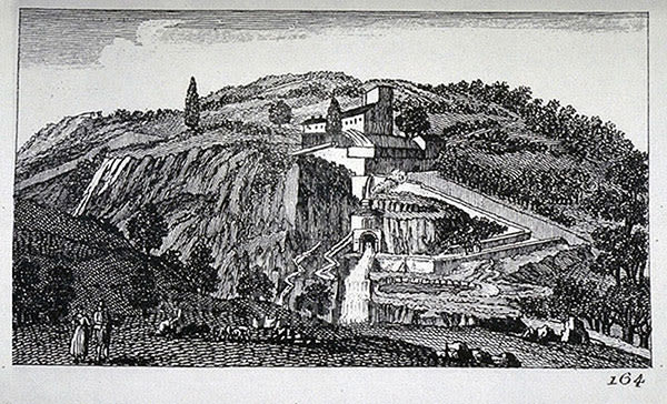 black and white illustration of a building on a rocky hill
