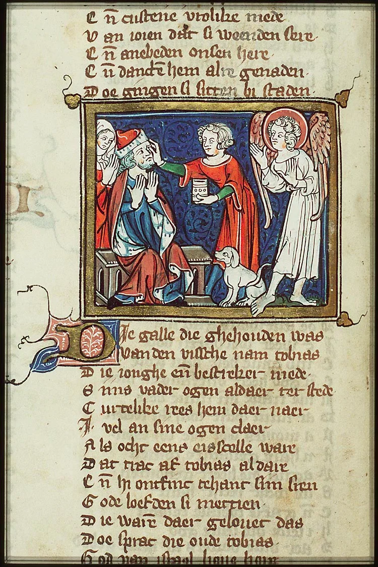 Medieval manuscript illustration of an angel appearing to shepherds, with text above and below the image.