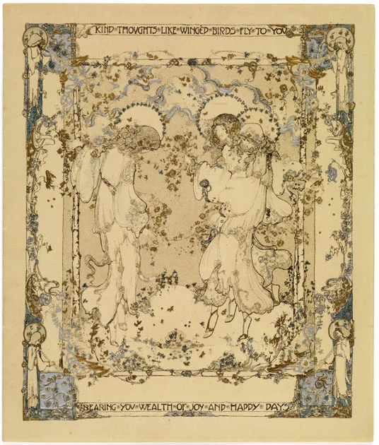 colour greeting card featuring two figures surrounded by decorative elements
