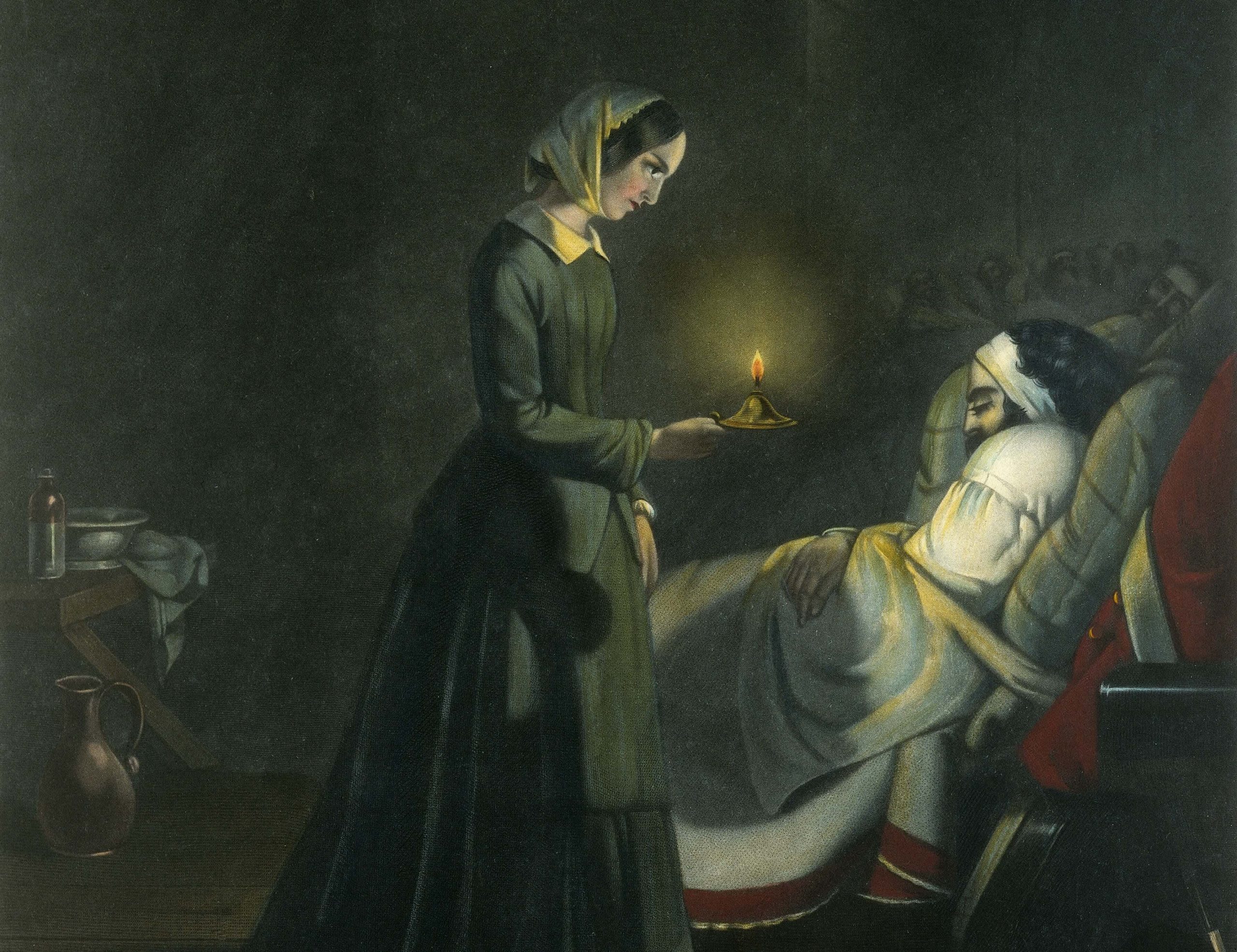 illustration showing Florence Nightingale holding a lamp, alongside a bed where a patient lies