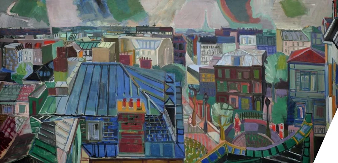 A colourful depiction of houses and streets in Paris