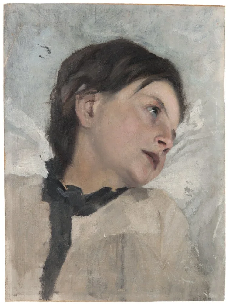 Head and shoulders of a sick child, looking away to the right of the frame. Eyes almost rolling back into the head. Hair tousled. 